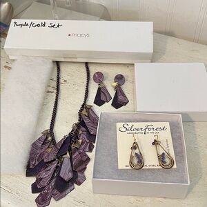 Lot Purple Jewelry Silver Forest earrings unmarked necklace & earring set